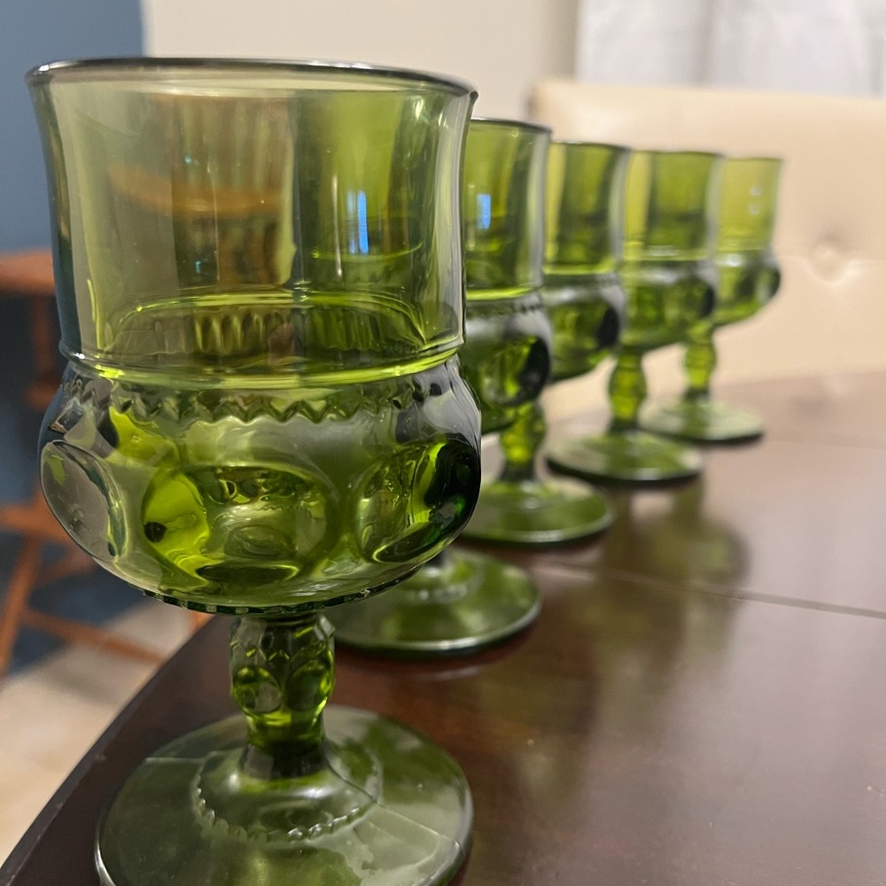 Vintage Indiana Glass Co. Olive Green King's Thumbprint Cordial Glasses